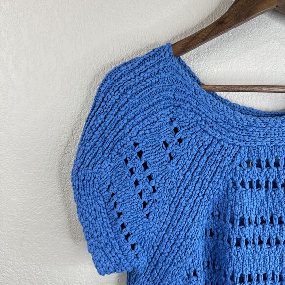 Sandro Sweater Women 1 Blue Open Knit Short Sleeve Cotton Pretty Spring Casual S - Picture 2 of 11